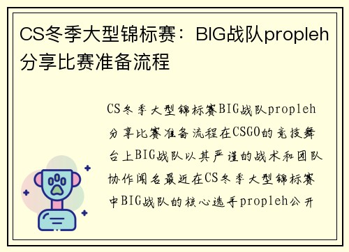 CS冬季大型锦标赛：BIG战队propleh分享比赛准备流程
