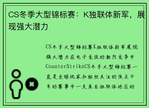 CS冬季大型锦标赛：K独联体新军，展现强大潜力